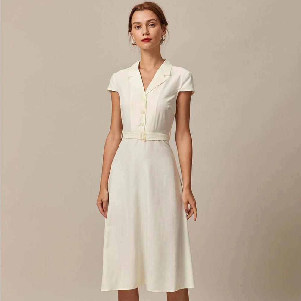 RIHOAS Cream Midi Shirt Dress with Belt